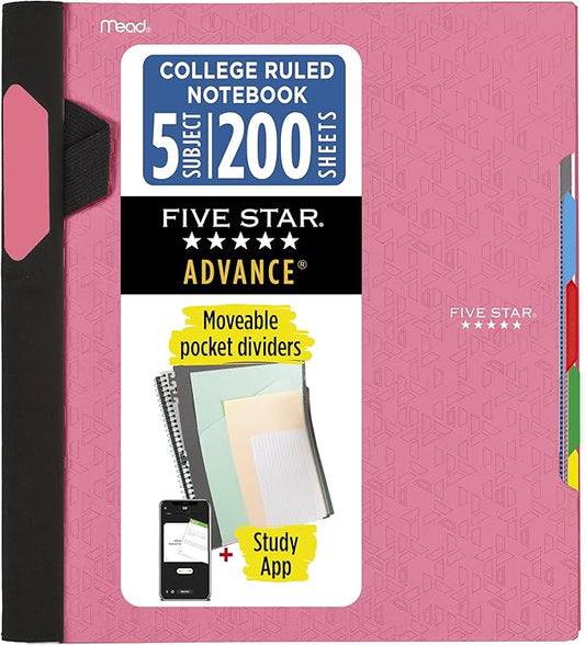 Five Star Advance Spiral Notebook + Study App, 5 Subject, 8.5" x 11" College Ruled Paper, 200 Sheets, Spiral Guard, Movable Tabbed Dividers, Prom Pink (820013R)