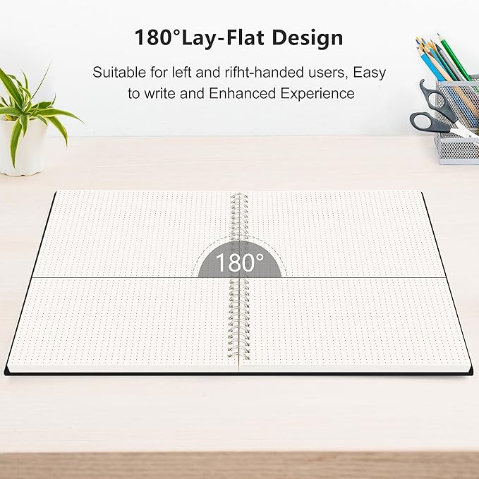 RETTACY Dotted Journal Notebook, 300 Pages, A4 Large Size (8.2'' × 11.2''), 100 GSM Thick Paper, Flexible Plastic Cover, Spiral-bound, for Journaling, Planning, Tracking (Black)