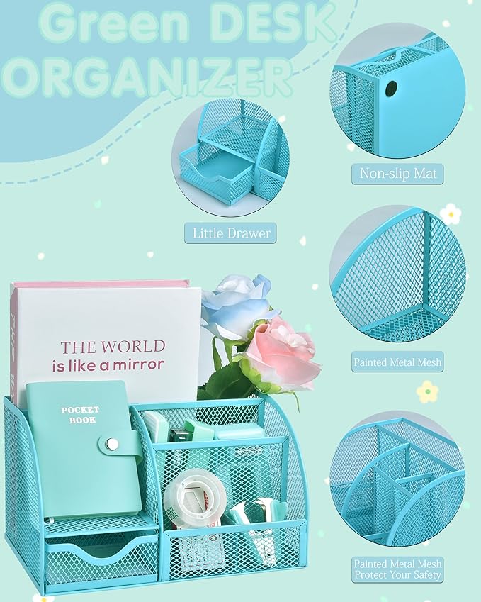 Green and Blue Desk Accessories, 26Pcs Office Supplies and Desk Organizers, with Tape Dispenser, Stapler, Staple Remover, Ect,Christmas Gifts