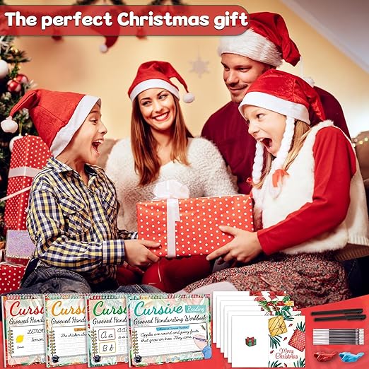 gisgfim 4 Pack Christmas Grooved Cursive Handwriting Practice with Greeting Card Disappearing Ink Pens Magic Reusable Grooved Cursive Writing Workbooks for Beginners Words Sentence Reading Letters
