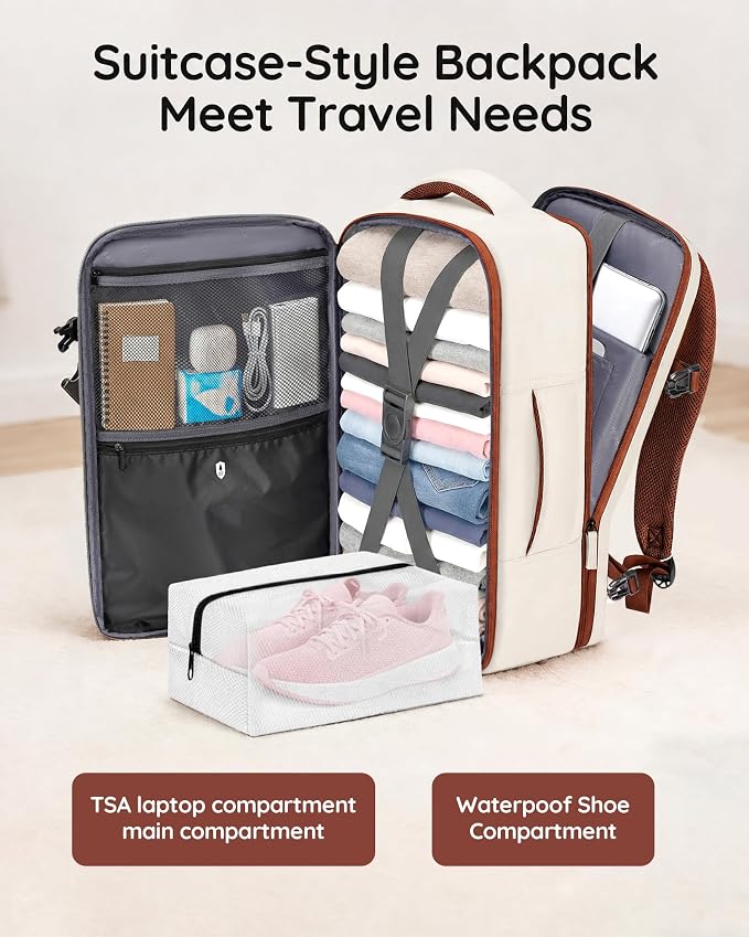 Taygeer TSA Approved Under Seat Backpack, 35l College Backpack for Women | Personal Item Bag for Airplanes Fits 15.6 Inch Laptop, Travel Bag with Water Bottle Pocket & Shoe Pouch, Khaki White