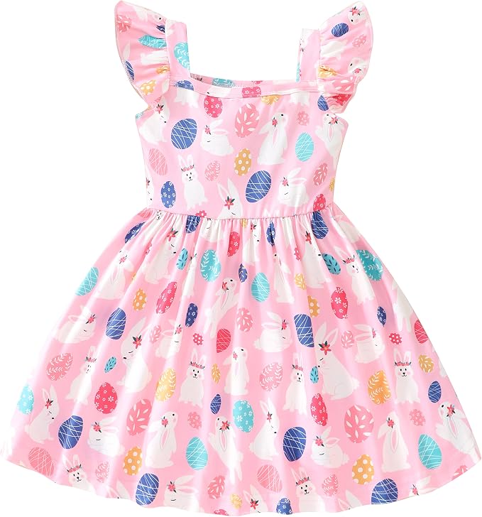 Popshion Girls Dresses Flutter Sleeve Swing Sundress Toddler Summer Clothes Kid Birthday Party Sleeveless Dress 1-8 Years Old