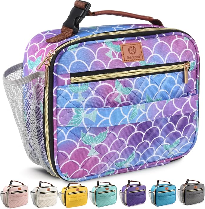 Genteen Lunch Box for Kids, Boys - Insulated Small LunchBox Reusable, Zip Closure & Buckle Handle, Portable Cooler for Work, School, Travel (Mermaid)