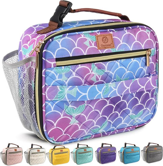 Genteen Lunch Box for Kids, Boys - Insulated Small LunchBox Reusable, Zip Closure & Buckle Handle, Portable Cooler for Work, School, Travel (Mermaid)