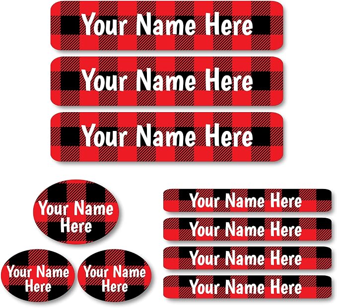 Lovable Labels Personalized Labels for Kids (85 Labels/Pack) - 3 Label Sizes Waterproof Dishwasher Safe Peel & Stick Labels for School Supplies Daycare Camp Clothing Bottles (Lumber Jack)