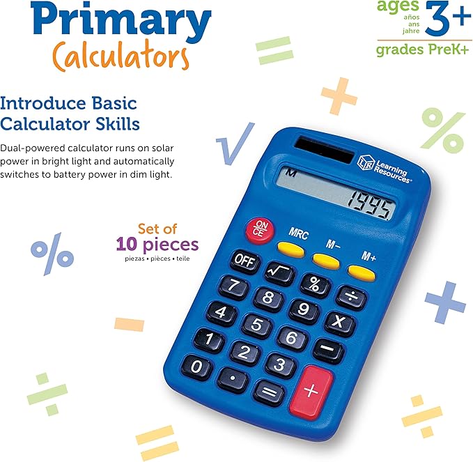 Learning Resources Primary Calculator - Basic Solar and Battery Powered Calculators for Students, Teach Basic Math Operations, School Supplies, Classroom Must Haves for Teachers, Back to School