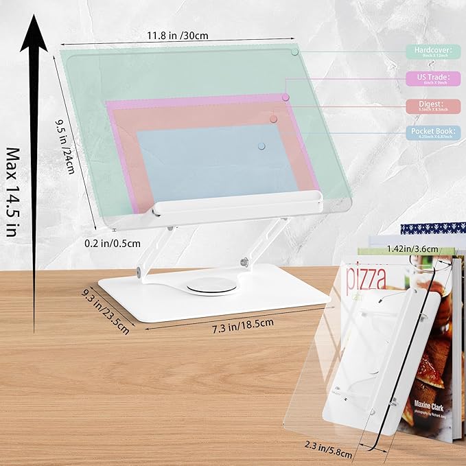 HAUTOCO Adjustable Acrylic Book Stand for Reading, 360° Rotating Base, Foldable Desktop Book Holder with Elastic Page Clips, Hands-Free Cookbook Stand for Laptop, Tablet, Recipe, Textbook, Music Score