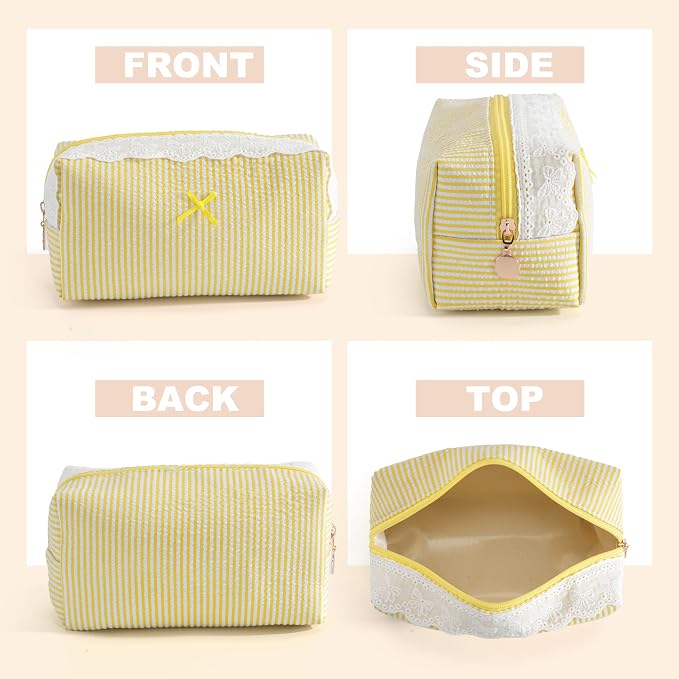 Makeup Bag Travel Toiletry Bag for Women, Small Cosmetic Bags with Lace Trim Cute Yellow Stripe Aesthetic Organizer Makeup Pouch for Purse Emergency Bag Pencil Case Accessory Bag