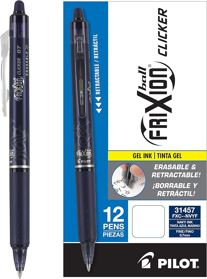 PILOT FriXion Clicker Erasable, Refillable & Retractable Gel Ink Pens, Fine Point, Navy Blue Ink, 12-Pack (31457)