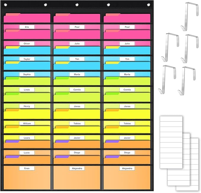 Clear Storage Pocket Chart for Classroom & Office with 30 Nametag Pockets, 5 Overdoor Hangers Included, Hanging Wall File Organizer for File Folders, Assignments, Files, Scrapbook Papers & More