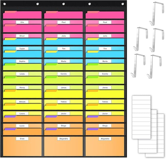 Clear Storage Pocket Chart for Classroom & Office with 30 Nametag Pockets, 5 Overdoor Hangers Included, Hanging Wall File Organizer for File Folders, Assignments, Files, Scrapbook Papers & More
