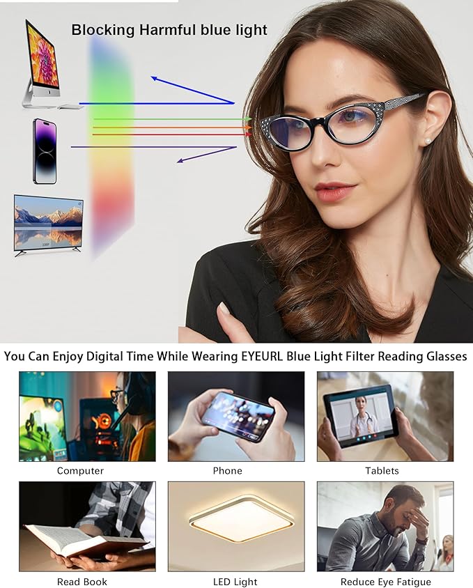 EYEURL 3-Pack Cat Eye Reading Glasses for Women Blue Light Blocking Computer Readers with Rhinestones Anti UV Rays Eyeglasses with Spring Hinges 2.75