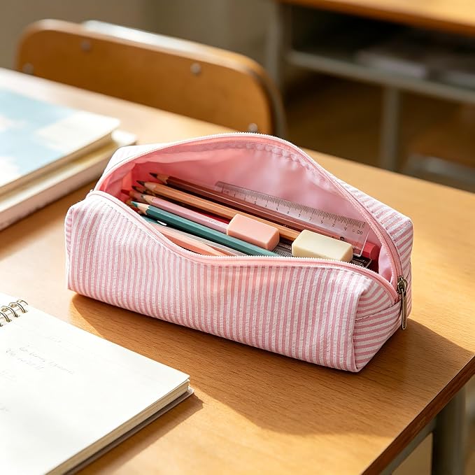 Pencil Case, Pencil Pouch for Women, Pencil Case Small, Pencil Pouch Aesthetic (Striped pink)