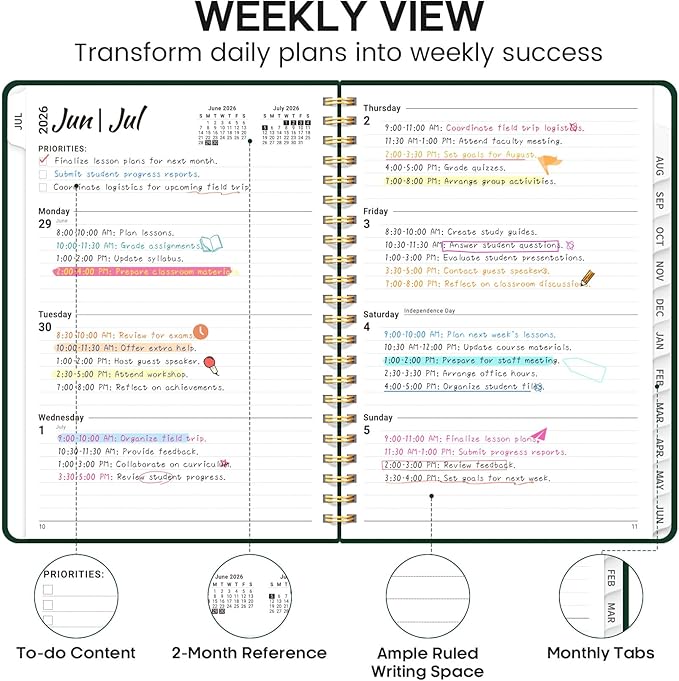 8.5" x 11" Academic Planner 2026-2027, Weekly & Monthly Calendar Planner Book, July 2026 – June 2027, Large Hardcover Organizer with Tabs, Perfect for Teachers, Students, Women & Men – A4, DarkGreen