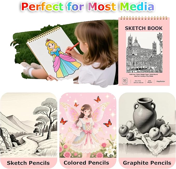 9" x 12" Sketch Book, 2-Pack 50 Sheets Spiral Bound Art Sketchbook, Acid Free Artist Drawing Book Paper, Art Supplies for Kids, Craft Activities, Sketch Paper for Drawing Coloring Sketching(Pink)