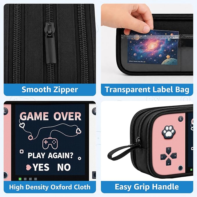 Game Controller Pencil Case for Boys Kids Teens, Large Capacity Pencil Pouch with 3 Compartments, 7 Pockets and Label Pocket for School College Office Travel (Pink & White)