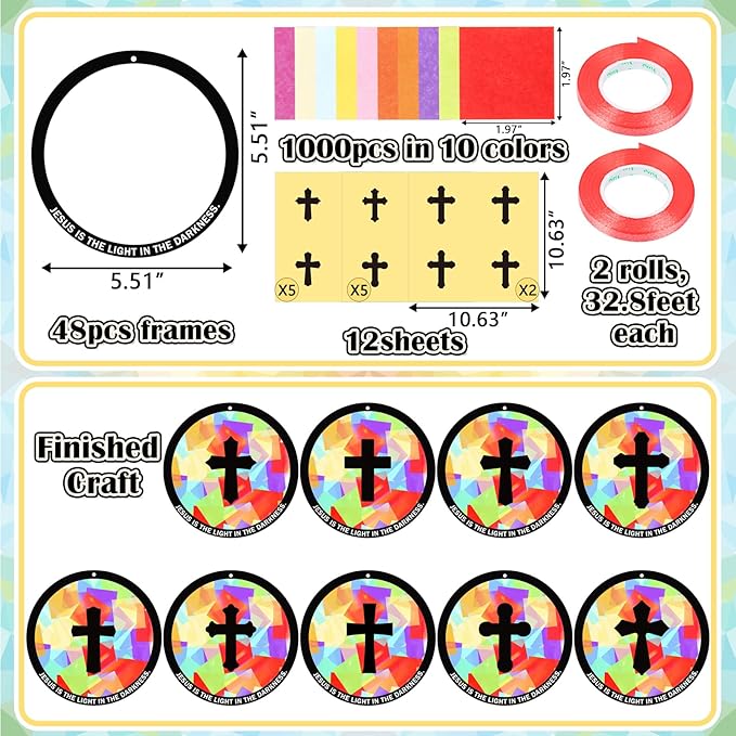 48PCS Sunday School VBS Crafts Bulk: Paper Cross Nativity Suncatchers, Jesus Religious Christian Activity DIY Kits Church Decorations, Window Stained Glass Effect Art Supplies(Round Shape)