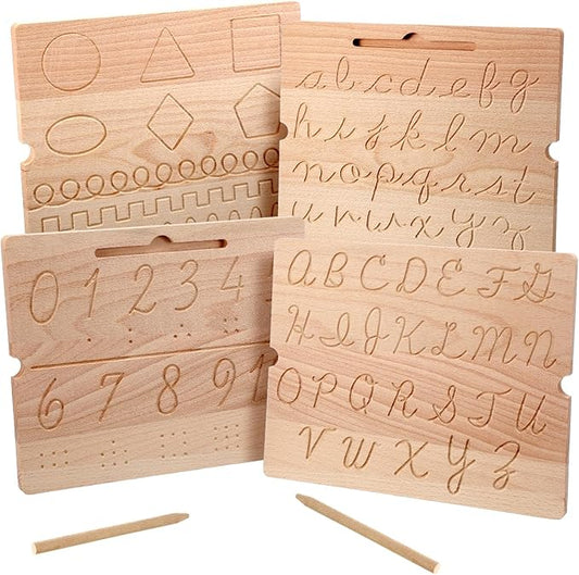 MotiMind 2 Pcs Wood Cursive Alphabet Number Tracing Board Montessori Letter Tracing Board Writing Tools Double Sided with Wooden Pen Letter Tracing Learn to Write for Boys Girls Preschool Classroom