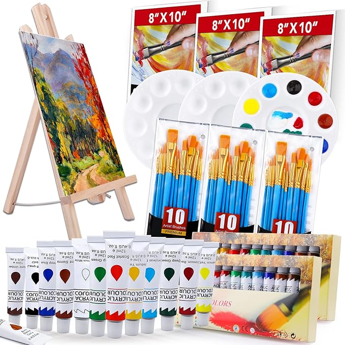 ESRICH Acrylic Paint Set,Painting Supplies with 2 PCS of 12 Colors Acrylic Paint,1 Easel 3 Canvas 30 Paintbrushes and 3 Palettes, Paint Kit for Kids, Students, Artists and Beginner