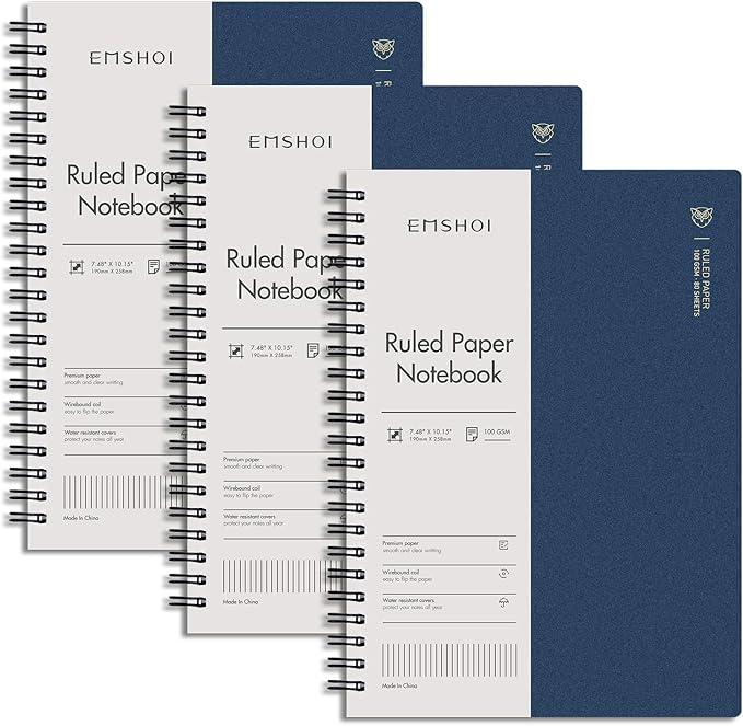 EMSHOI B5 Spiral Notebook 3 Pack, 480 Pages 100GSM Ink-Proof College Ruled, Waterproof Plastic Hardcover Twin-Wire Binding Journal for School Office Work, Blue