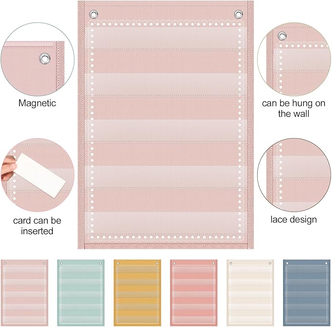 Gueevin 6 Set Magnetic Pocket Chart with 5 Clear Pockets and 30 Dry Erase Cards Painted Classroom Schedule Pocket Chart for Whiteboard Class Demonstrations(Macaron Color,Stripes Pattern)