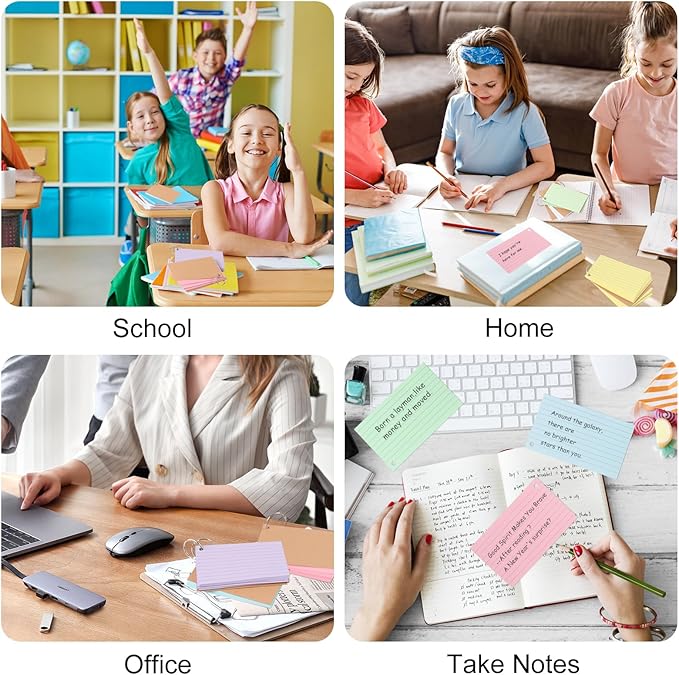 300 PCS Punched Lined Index Cards 3x5 Inch, Ruled Flash Cards With 6 Rings, Colored Notecards For Studying, Notes, Learning Memory，School, Office And Home(6 Colour）