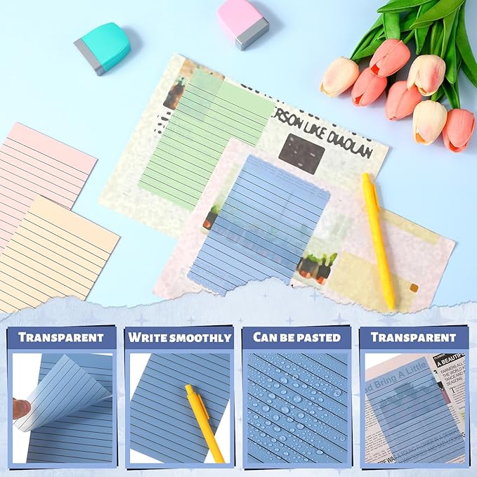 Yinder 6 Pack Pastel Transparent Sticky Notes Translucent Clear Lined Self Stick Note, Back to School Gifts for Bible Tabs, Book Tabs, School Supplies Office, 30 Sheets/Pack, 4 x 6'' (Light Color)