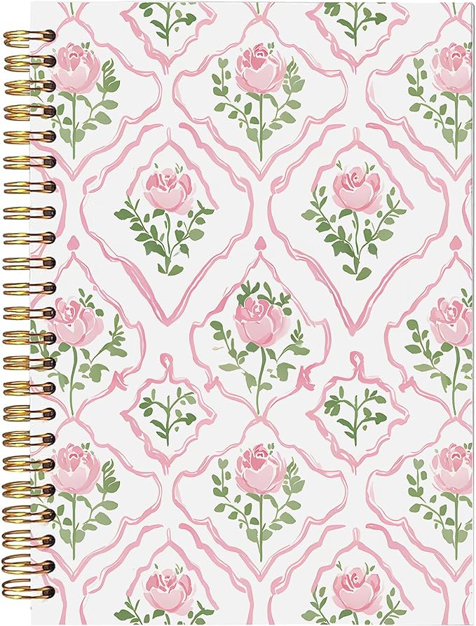 Pink Rose Floral Spiral Notebook, Preppy Floral Girly Aesthetic Journal, Pink Flower Journal for Women, Grandmillennial Flower Notebook 5.5x8.3 Inch-376