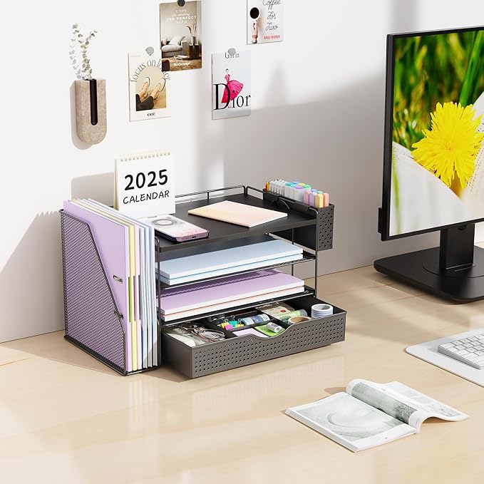 gianotter Wood Desk Organizers and Accessories with File Holder, 4-Tier Desk Accessories & Workspace Organizers with Drawer and Pen Holder, Desk Reference Organizer (Black, 4T with Drawer)