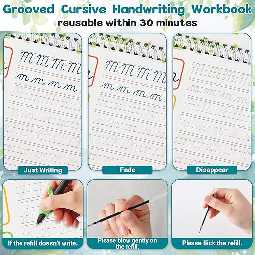gisgfim Grooved Cursive Handwriting Workbook Magic Reusable Grooved Cursive Handwriting Practice Guided Tracing with Disappearing Ink Pens for Beginners Kids Learning Activities Supplies (Letters)