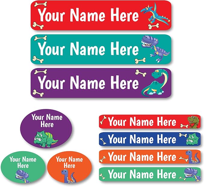 Lovable Labels Personalized Labels for Kids (85 Labels/Pack) - 3 Label Sizes Waterproof Dishwasher Safe Peel & Stick Labels for School Supplies Daycare Camp Clothing Bottles (Dino-myte)