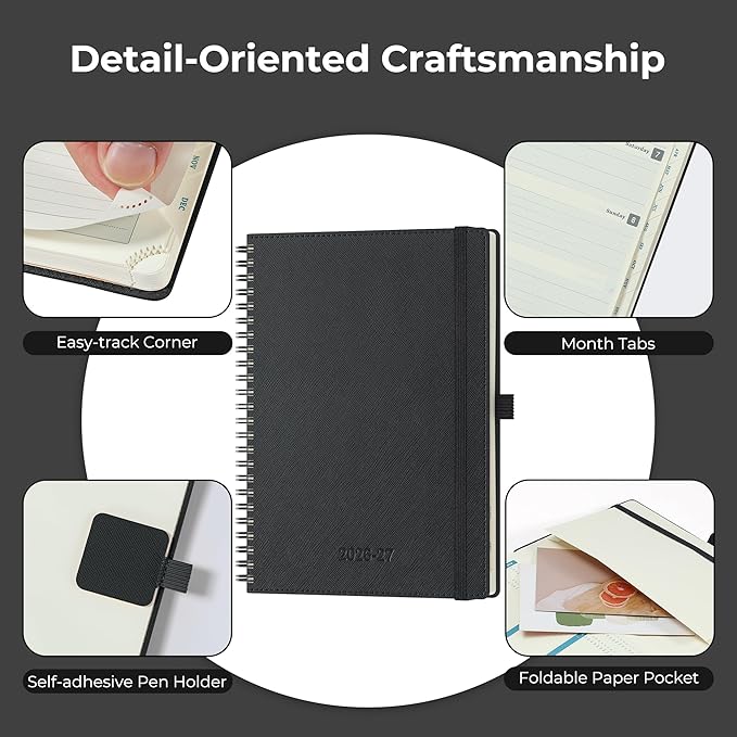 Planner 2026-2027 Daily Weekly and Monthly,8.5"x6.5",18 Months Spiral Bound Calendar Agenda with Self-adhesive Pen Holder,2026 Academic Plan with Vegan Leather Soft Cover,Black