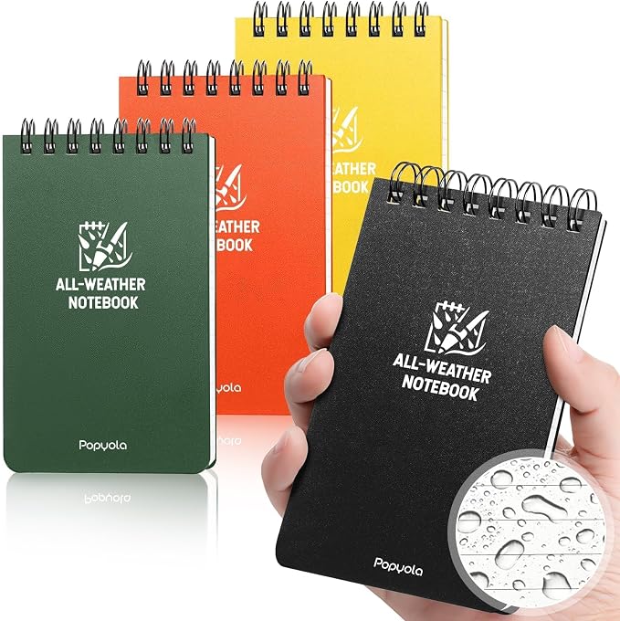4 Pack Waterproof Pocket Notebook, 3" x 5" Top-Spiral Pocket Notepad