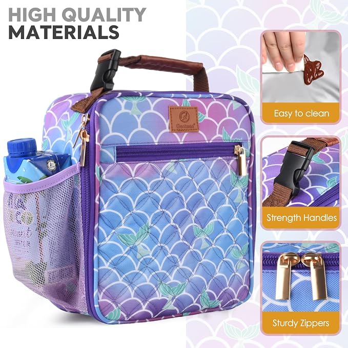 Genteen Kids Lunch Box Insulated Soft Mini Cooler with Bottle Holder, Lightweight Reusable Easy-Clean Lunch bag for Girls, Boys Back to School-Mermaid