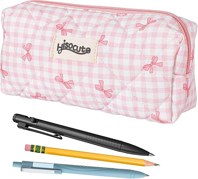 Ymapinc Pink Pencil Pouch, Soft Zipper Bow Bag, Cute Pink White Aesthetic Zipper Checkered Quilted Pencil Case for Women Ideal Makeup Bag