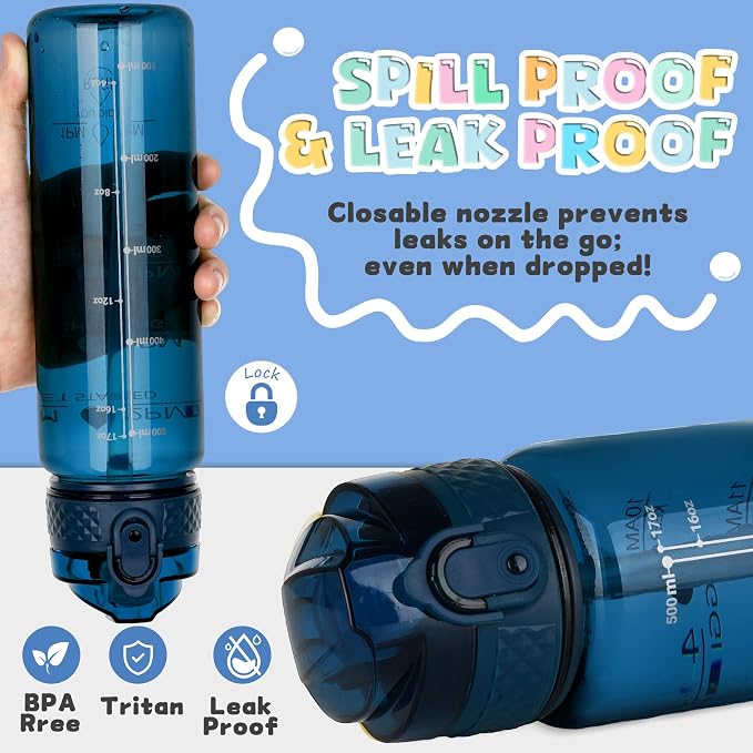 OLDLEY 17oz Kids Water Bottle, Tritan BPA-Free, Leakproof Flip Straw Lid, Motivational Time Marker, Carry Strap, Reusable Clear Water Bottle for Boys & Girls,Slate Blue
