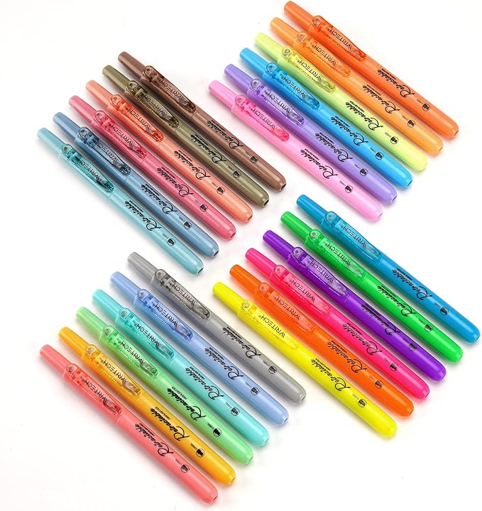 WRITECH Retractable Highlighters Chisel Tip: Assorted Colors 24ct Set | Multi Color Ink Mild Vintage Neon Pastel Big Pack No Bleed & Smear for Highlighting Journaling Drawing Coloring Note-taking