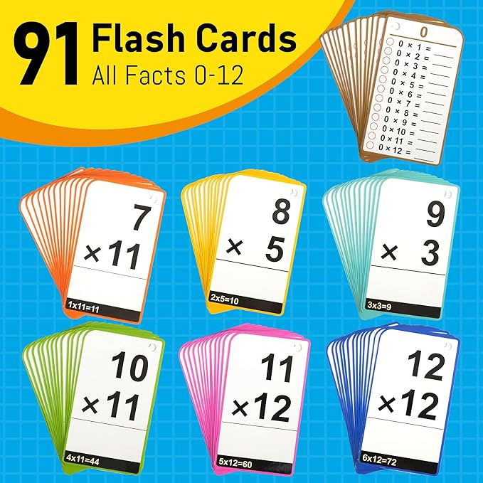BenBen Multiplication Flash Cards 0-12, 91 Cards, Times Table Flash Cards with Rings, Multiplication Practice for Kids 8-12, 2nd 3rd 4th 5th 6th Grade, Math Flashcards for Homeschool Classroom