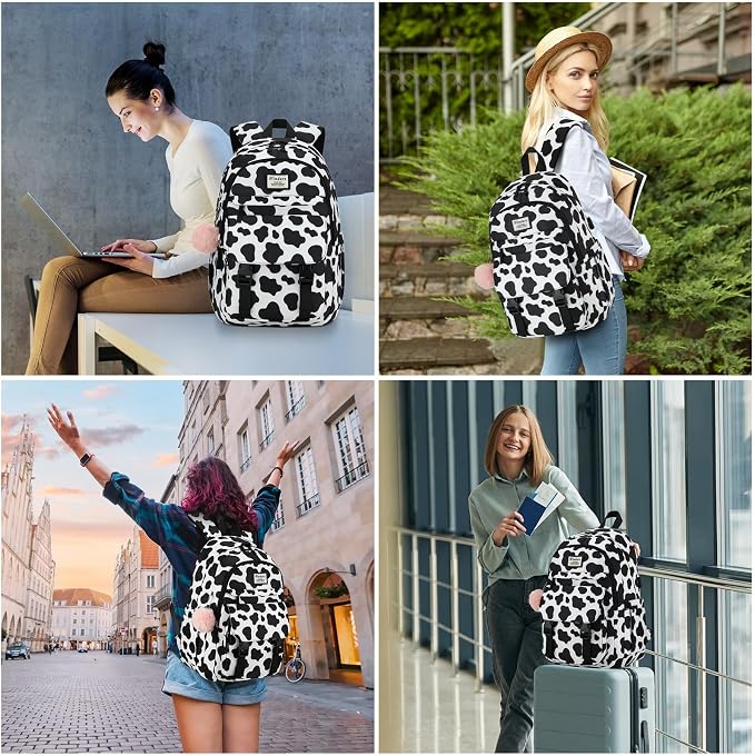 WINDARS School Backpack for Teen Girls, Cute College Backpacks for Women Students Aesthetic Bookbag Large 15.6 Inch Laptop Bag Middle School Travel Back Pack (Cow Print Black)