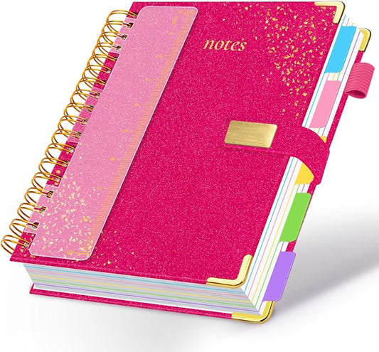 Spiral Notebook Journal 8''x 10'' 5 Subject Notebook with Dividers, 300 Pages Notebook College Ruled with Magnetic Closure, B5 Tabbed Notebooks for Work School, Sparkle Journal for Women (Rose Red)