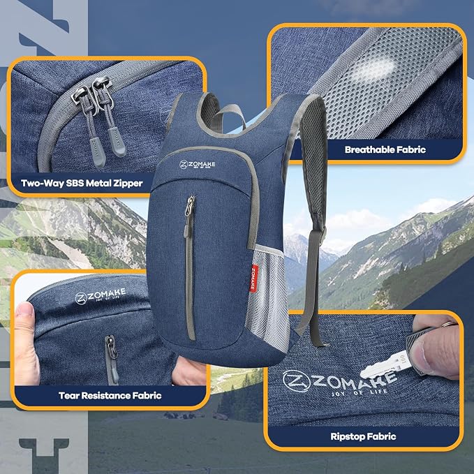 ZOMAKE 10L Ultra Lightweight Packable Backpack, Small Daypack Light Foldable Backpacks Water Resistant Day Bag for Hiking(Navy Blue) | Water Resistant Collapsible Backpacks for Women Men, Everyday Carry, Multi Compartment Storage,Adjustable Strap(Navy ...