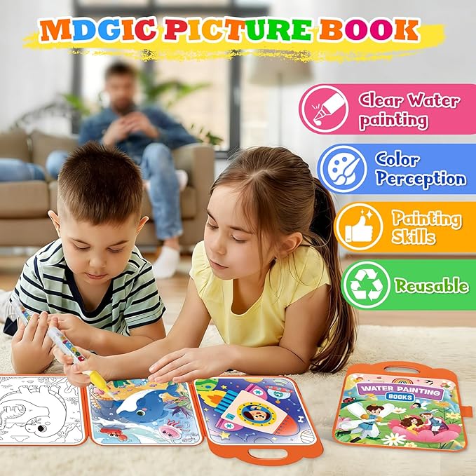 Bresdim Magic Water Coloring Book for Kids, 3Pack Reusable Mess Free Water Painting Book, Educational Toddler Toys for Travel & Home, Safe Non-Toxic Art Activity for Ages 1-3-8