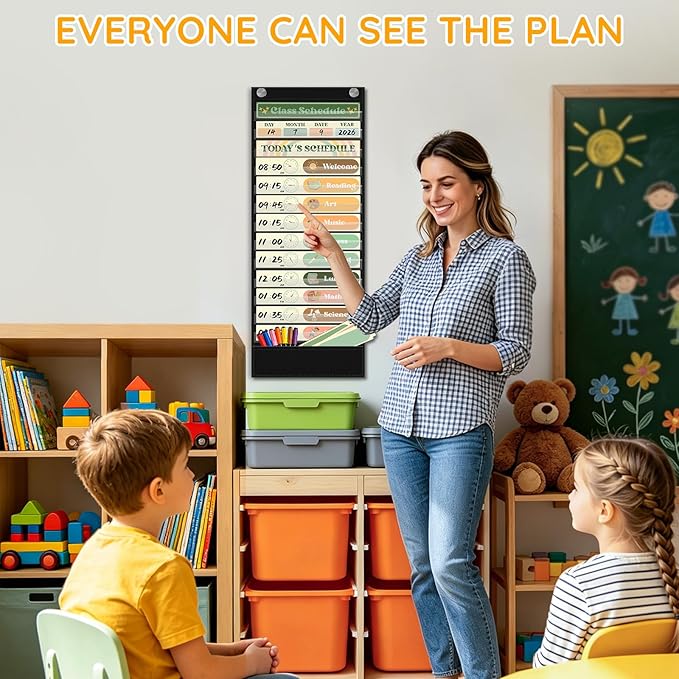 AKAYOK Boho Daily Schedule Pocket Chart, 13+1 Pocket Visual Schedule for Kids, Includes 24 Reusable Dry-Erase Cards, Daily Planner with Hourly Schedule for Classroom, Office, Home, School Activities