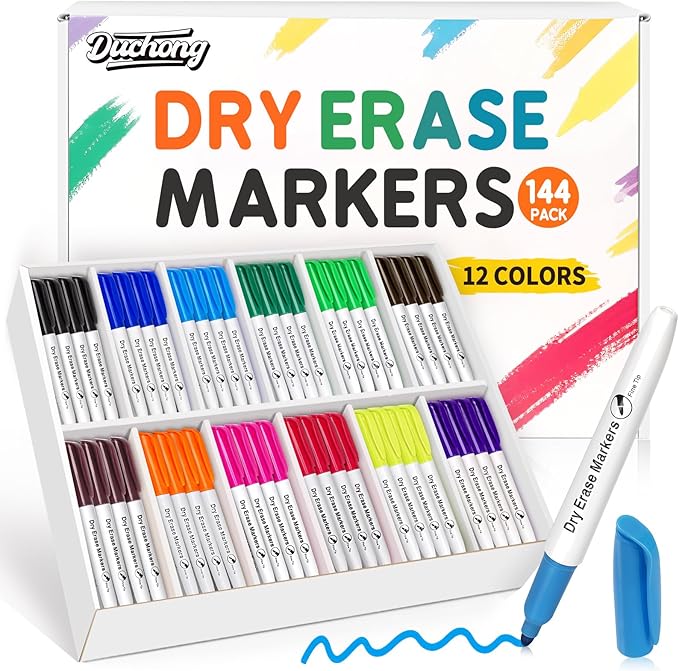Duchong 144 Count Dry Erase Markers Bulk, 12 Assorted Colors, Fine Tip Whiteboard Markers for Kids Teachers, Dry Erase Pens Bulk Pack for Classroom Home, Back to School Supplies