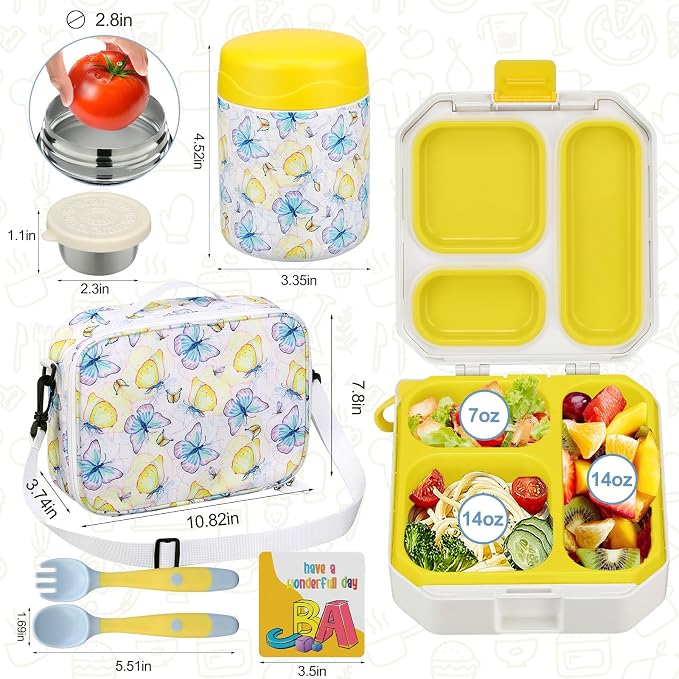 wiwens Bento Lunch Box for Kids with 12oz Soup Thermo Leak-Proof Lunch Food Container with 5 Compartment Thermo Hot Food Jar and Insulated Lunch Bag for Kid Toddler Girls Boys to School