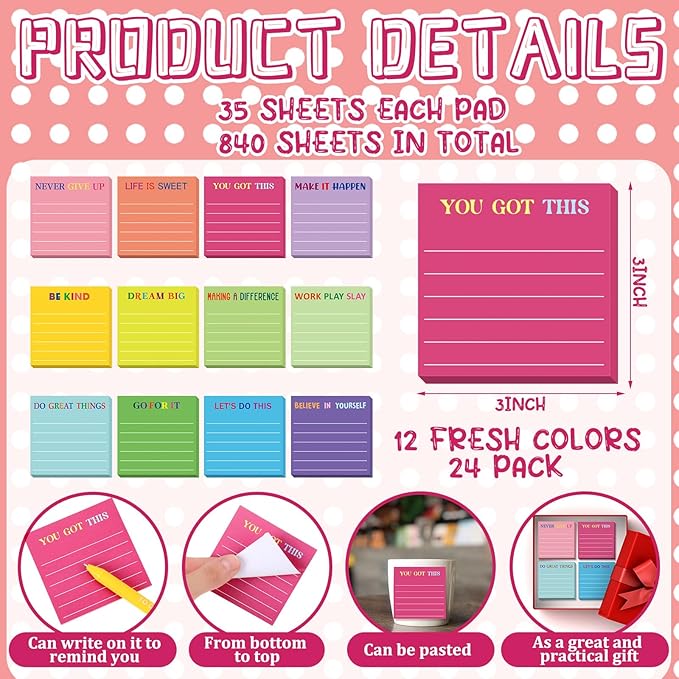 Yinder 12 Pcs Inspirational Sticky Notes Cute Motivational Sticky Notes Pad End of Year Employee Appreciation Gifts Bulk for Teacher Nurse Coworkers Office Supplies 3 x 3'' (Motivational,Dark Color)