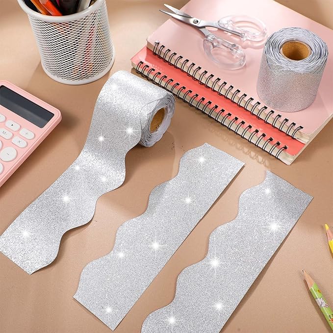 Fuyoooo 49 ft Glitter Magnetic Borders for Classroom, Silver Bulletin Board Borders Magnetic Whiteboard Classroom Strips Reusable Rolled Wall Trim for School Teacher Offices Chalkboard
