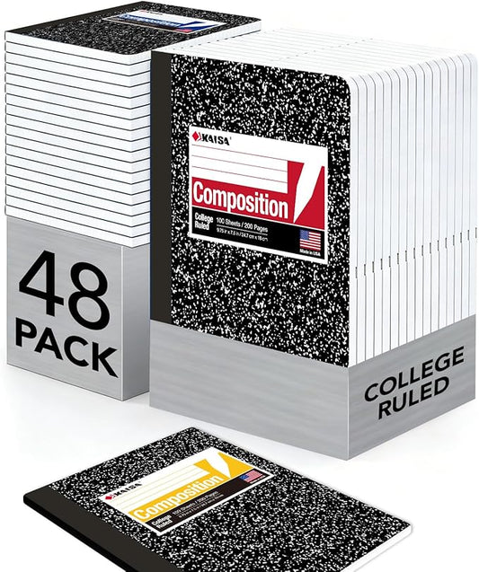 KAISA Composition Notebooks, College Ruled, 9-3/4" x 7-1/2", Black Marble Covers Composition Notepads Journal Notebooks 100 Sheets 48 Pack Made in the USA(C10001C-48