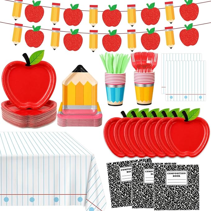 QIYANPAX 122Pcs Back to School Decorations Includes Apple Plates, Pencil Plates, Napkins, Forks, Cups, Banner and Tablecloth for First Day of School Decorations, Serves 24