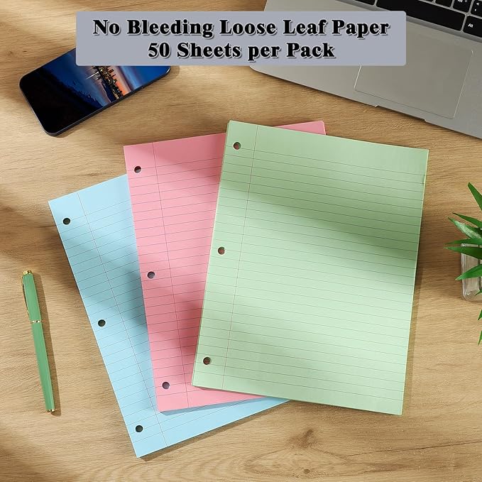 Loose Leaf Paper, 300 Sheets, Wide Ruled, 8" x 10.5", 6 Pack, 70gsm Notebook Paper Filler Sheets, 3 Hole Punched, 50 Sheets/Pack, Wide Ruled Office Filler Writing Notepads for 3 Ring Binder, Yellow